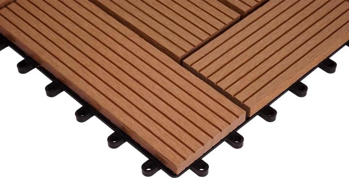 Produktbild Swisshandel24 WPC Eck-Bodenfliese Rhone + Abschluss, Holzoptik Terrasse, 30x30cm Premium Ecke, teak versetzt (1 x, 30 x 30 cm)