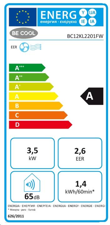 Energie-Label Be Cool BC12KL2201FW Klimagerät 9.000 BTU (105 m², 11942.50 BTU/h)