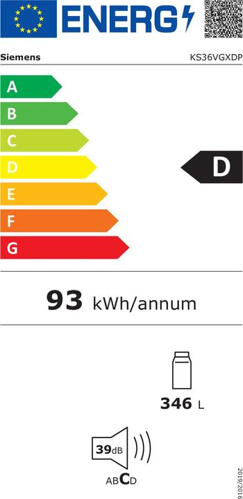 Energie-Label Siemens iQ300, free-standing fridge, 186 x 60 cm, Black stainless steel, KS36VGXDP (346 l)