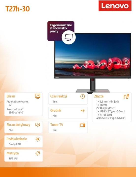 Produktbild Lenovo ThinkVision T27h-30 (2560 x 1440 Pixel, 27")