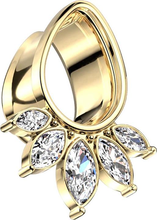 Actual product image Star Piercing Flared Tunnel Gold Plated Drop with Five Crystal Drops (Surgical steel 316L, Brass)