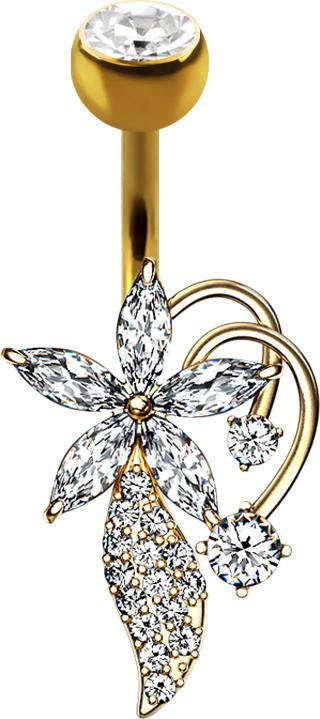Produktbild Star Piercing Banane 14k vergoldet mit Kugel Kristall silber Kristallblume und Strauss (Messing, Chirurgenstahl 316L)