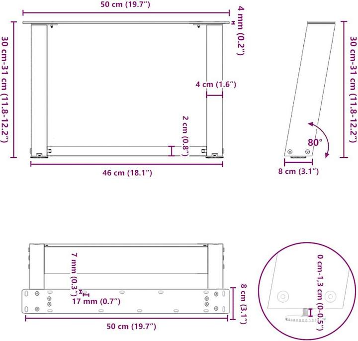 Produktbild VidaXL Couchtischbeine U-Form 2 Stk. Anthrazit 50x(30-31) cm Stahl Tischbein