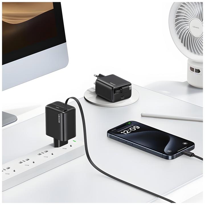 Actual product image Usams Ład. siec. 1xUSB-C ze zwijanym kablem USB-C Retractable PD+QC 30W Gan Fast Charging czarny/bla (30 W)