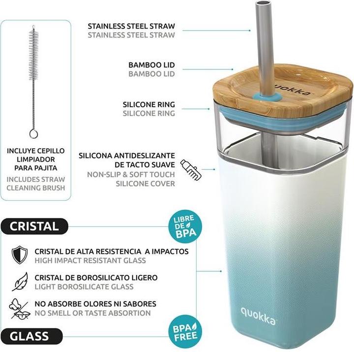 Produktbild Quokka Cube Glas 540 ml - Trinkbehälter mit Strohhalm - Teal Gradient (0.54 l)