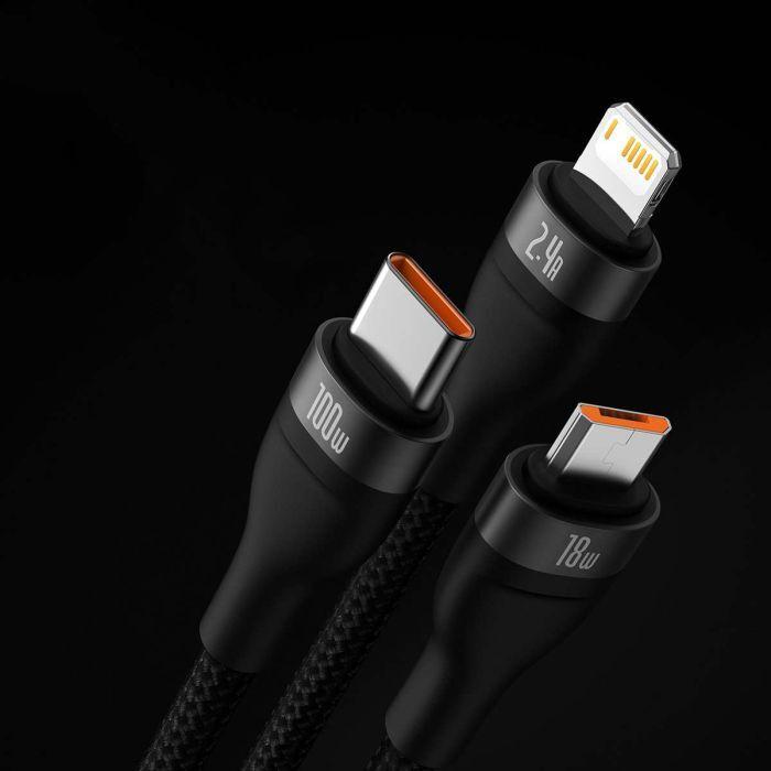 Actual product image Baseus 3in1 USB cable Flash Series, USB-C + micro USB + Lightning, 100W, 1.2m (black) (1.20 m, USB 3.2 Gen 1)