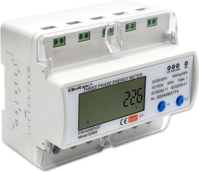 Produktbild Qoltec 50883 Three phase electronic energy consumption meter for DIN rail | Wi-Fi | TUYA | 400V | LC