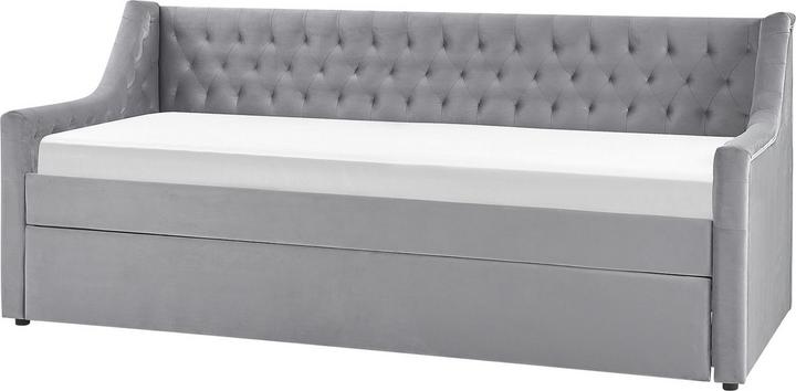 Actual product image Beliani Daybed extendable velvet fabric grey slatted frame 90 x 200 cm MONTARGIS (90 x 200 cm)