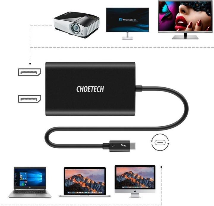 Actual product image Choetech Plug Adapter USB Type-C Thunderbolt 3 (40Gbps) to 2 x DisplayPort 4K 60Hz Black (HUB-D03) (USB-C, 8.50 cm)