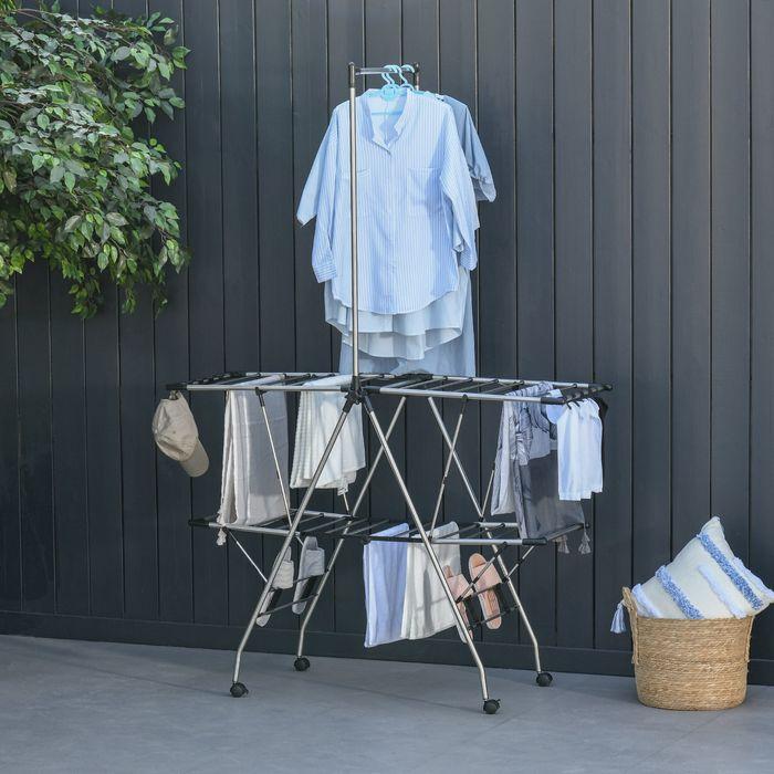 Actual product image Swisshandel24 Folding clothes horse with telescopic poles, stainless steel 138.5x63x208cm
