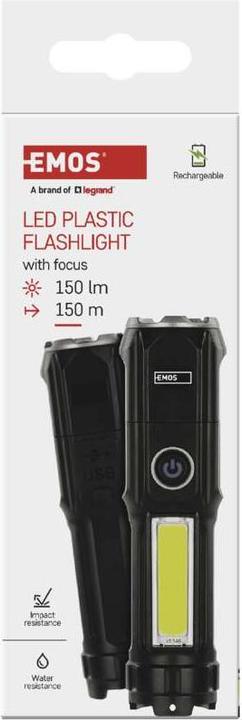 Actual product image Emos Wiederaufladbare LED-Taschenlampe aus Kunststoff P3214, 150 lm (13 cm, 150 lm)