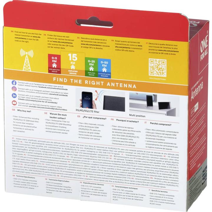 Immagine prodotto One for All Antenna DVB-T2 Alu EDGE 5G (Antenna piatta, 42 dB, DVB-T / -T2)