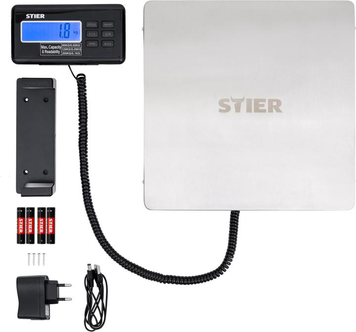 Image du produit Stier Balance pour colis Balance plate-forme jusqu'à 200 kg Plateau en acier inoxydable 30 x 30 cm