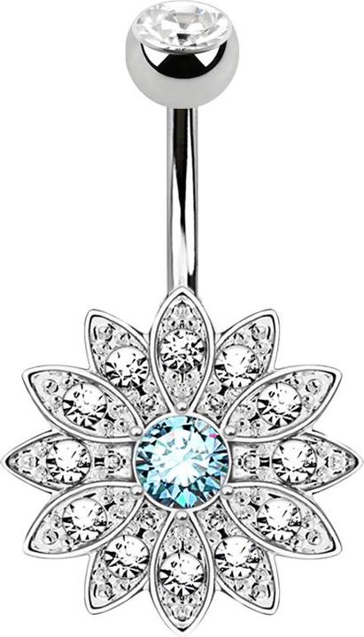 Star Piercing Banane silber mit Kugel Kristall silber Blume aqua mit kleinen Kristallen (Messing, Chirurgenstahl 316L)