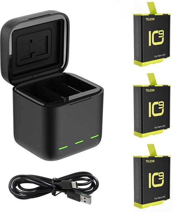Produktbild Telesin Dreikanal-Box-Ladegerät + 3 Akkus (Hero 10, Hero 9)