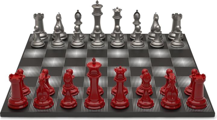 Produktbild Skyline Chess Schachspiel - Serie Stahl - Rot vs Silber - Gloss finish (with Wooden Gradient Square Board)