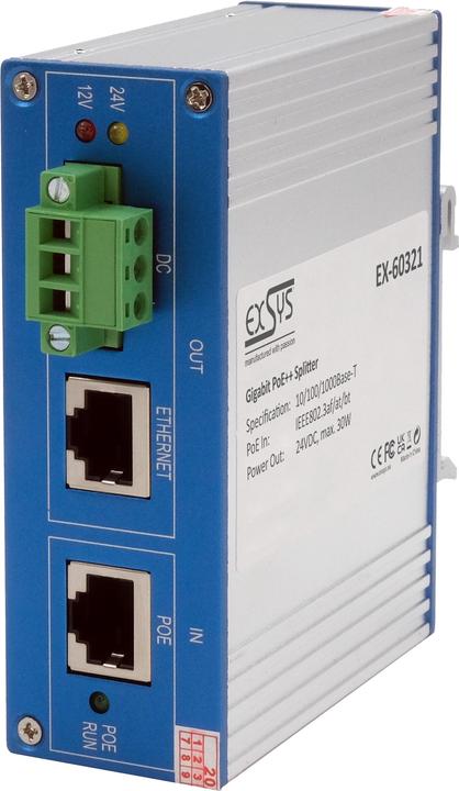 Immagine prodotto Exsys Splitter Ethernt PoE++ 10/100/1000M 802.3bt, 24VDC/2A/48W (Splitter PoE)
