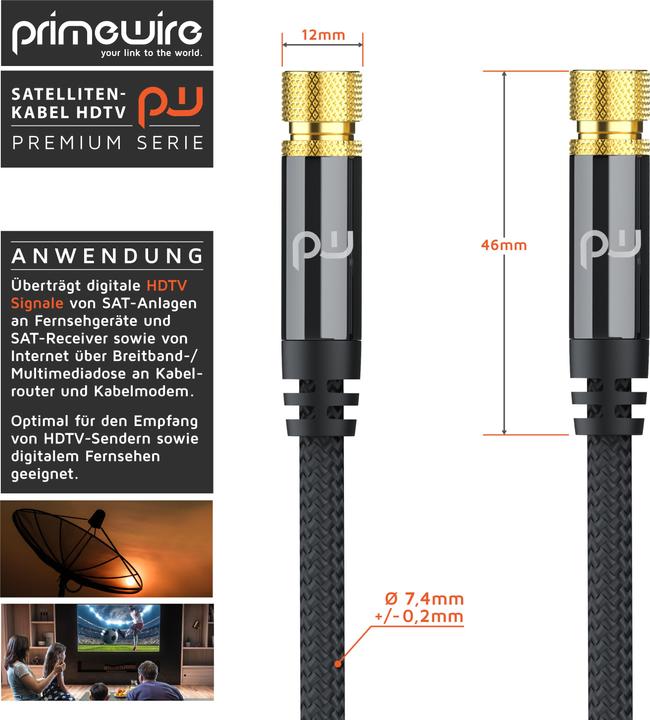 Produktbild Primewire HDTV Satellitenkabel mit Stoffummantelung, SAT Kabel, 135dB 75 Ohm, 8k, 4k, HDTV, F Stecker, schwarz (135 dB, Antennenkabel)