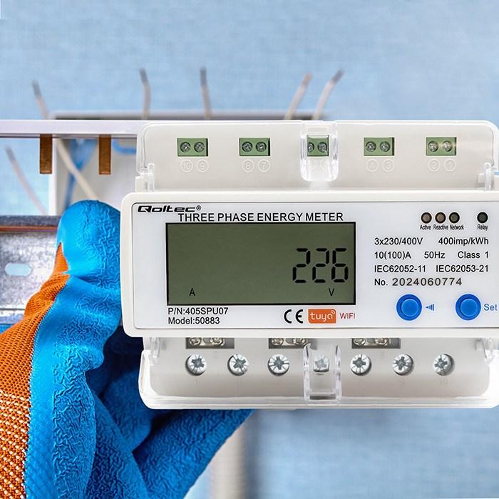 Produktbild Qoltec 50883 Three phase electronic energy consumption meter for DIN rail | Wi-Fi | TUYA | 400V | LC