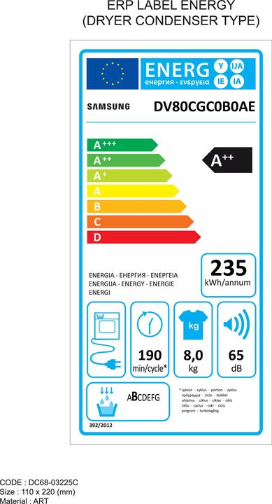 Energy Label Samsung DV80CGC0B0AEEG (8 kg, Right)