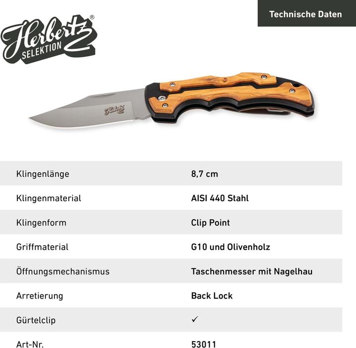 Actual product image Herbertz Selection pocket knife, AISI 440 steel, stainless, G10 and olive wood, back lock, pocket c (8.70 cm)
