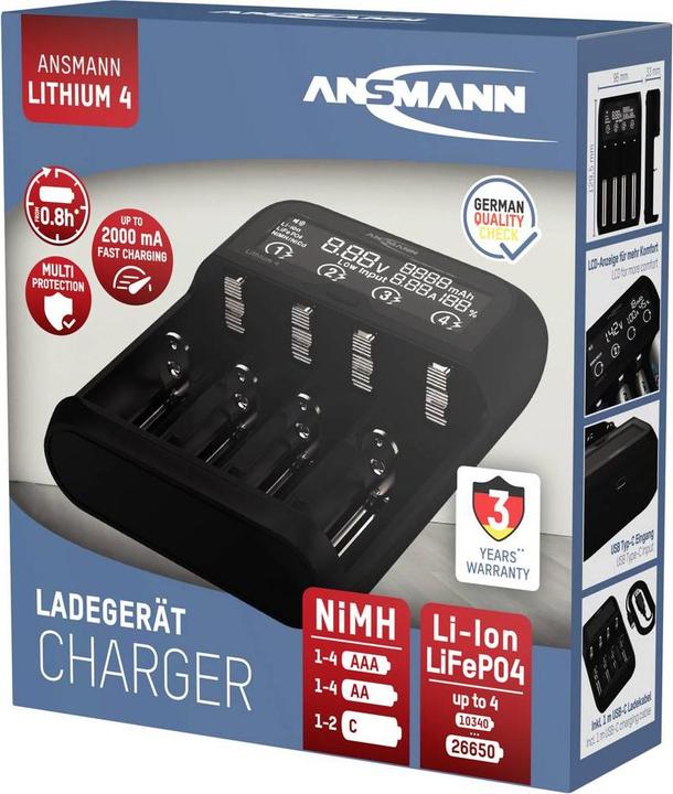 Image du produit Ansmann Lithium 4 Universalladegerät mit 2x 18650 Akkuzellen (2600mAh) Ladegerät (2 pcs, 18650, 2600 mAh, Piles rechargeables + chargeur)