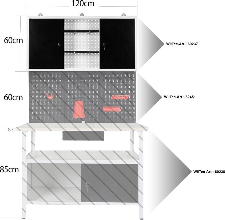 Immagine prodotto Wiltec Armadio a muro Grigio Attrezzatura da officina Banco da lavoro Armadio per attrezzi Parete perforata (120 cm, 19 cm)