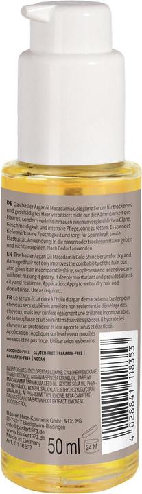 Valeurs nutritives et ingrédients Basler Sérum d'huile d'argan et de macadamia Gold Shine (50 ml)