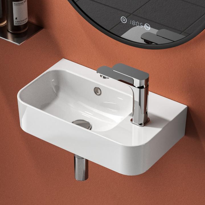 Actual product image Emke Wall-mounted washbasin 450 x 265 x 156 mm, rectangular, ceramic, tap hole right, white glossy (265 mm, 450 mm)