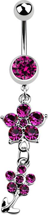Star Piercing Banane silber mit Anhänger zwei Kristallblumen fuchsia (ohne Messing, Chirurgenstahl 316L)