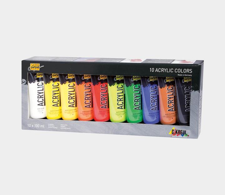 Immagine prodotto Solo Goya Set di 10 pezzi in acrilico (Nero, Bianco, Vera arancia, Blu oltremare, Ossido marrone scuro, Giallo-verde, 1000 ml)