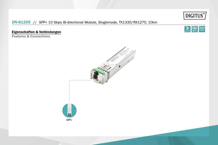 Produktbild Digitus SFP+ 10 Gbps Bi-direktional Modul Singlemode 10km Tx1330/Rx1270 LC Simplex Stecker mit DDM Feature