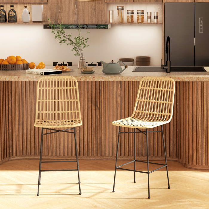 Produktbild Swisshandel24 Barhocker 2er Set Barstuhl Tresenhocker Rückenlehne PE-Rattan Boho Design Küchenhocker Stahl Gelb
