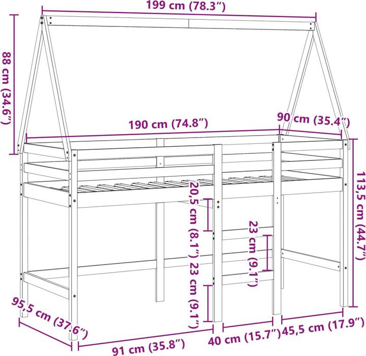 Produktbild VidaXL Hochbett mit Leiter Dach Bett Kinderbett Spielbett 90x190cm Massivholz (90 x 190 cm)
