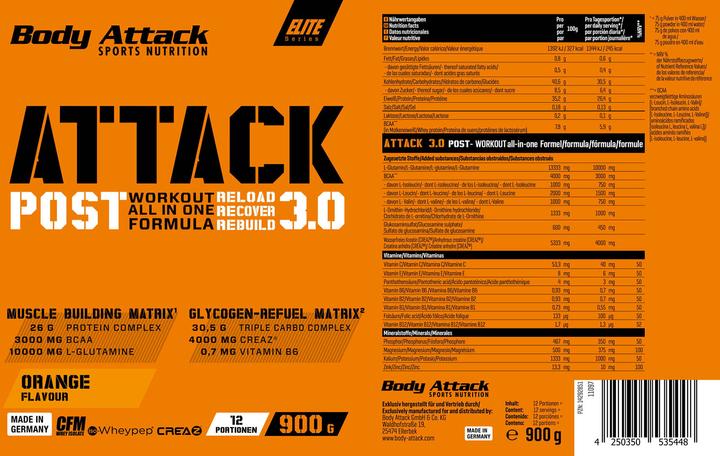 Valori nutrizionali e ingredienti Body Attack Post Attack 3.0 (lattina da 900g) (Frutta Esotica, 1 pz., 900 g)