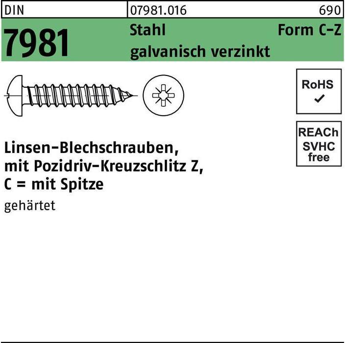 Produktbild Reyher Blechschraube DIN 7981 LIKO m.Kreuzschlitz-PZ 3,5x 19 -C-Z Stahl galvanisch verzinkt m.Spitze (100 Schrauben pro Stück)