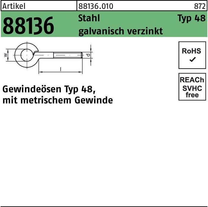 Image du produit Oeillet fileté R 88136 Type 48 M 12 x100 D 18 Acier électro-galvanisé (25 pcs)