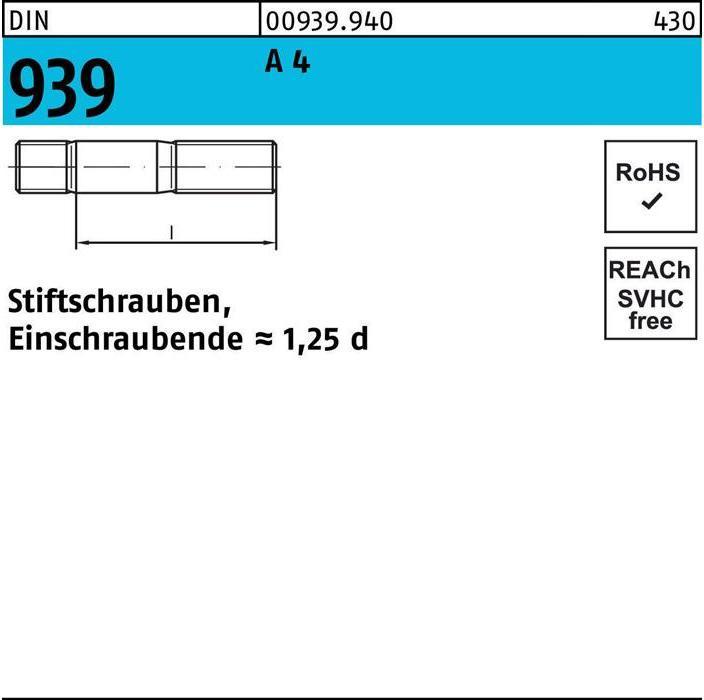 Produktbild Stiftschraube DIN 939 M 24 x 70 A 4 Einschraubende=1,25d (10 Schrauben pro Stück)