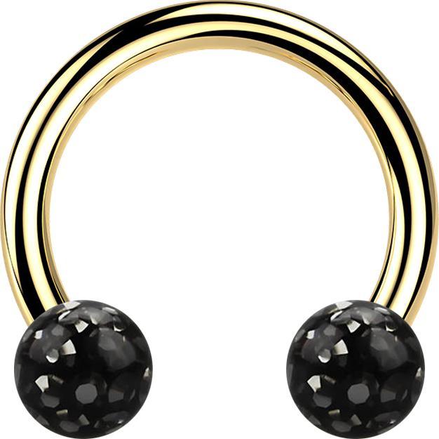 Star Piercing Micro Circular Barbell vergoldet mit zwei Kristall Kugeln schwarz Epoxy Schutzschicht (ohne Messing, Titan G23)