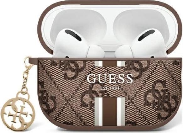 Actual product image Guess GUA2P4RPSW AirPods 1/2 cover brązowy/brown 4G Printed Stripes Charm (Headphone bag)