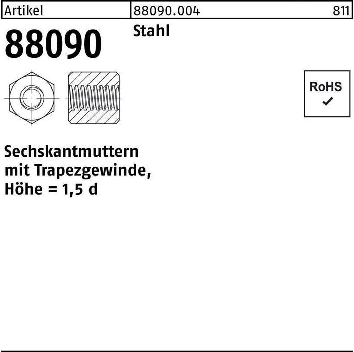 Actual product image Hexagon nut R 88090 w.trapezoidal thread TR20x4-SW30x30 Steel Height=1,5d (M20)