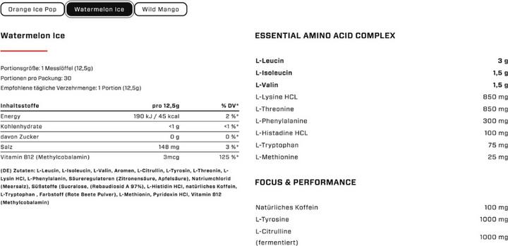 Nutritional values and ingredients Vast Total Amino Energy+ - EAAS and natural caffeine - vegan - 375 g (Watermelon Ice, 1 pcs., 375 g)