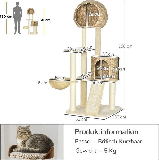 Image du produit Swisshandel24 Arbre à chat, 150 cm, arbre à chat avec maison pour chat, arbre à grimper avec hamac et rampe (150 cm, Marron, Crème)