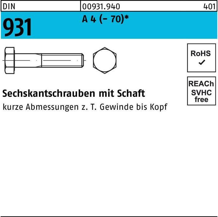 Produktbild Sechskantschraube DIN 931 m.Schaft M 16 x 75 A 4 (- 70) (25 Schrauben pro Stück)