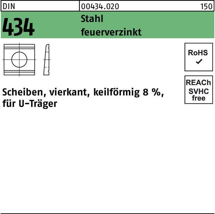 Produktbild U-Scheibe DIN 434 vierkant keilförmig 11 Stahl feuerverzinkt Neigung 8%