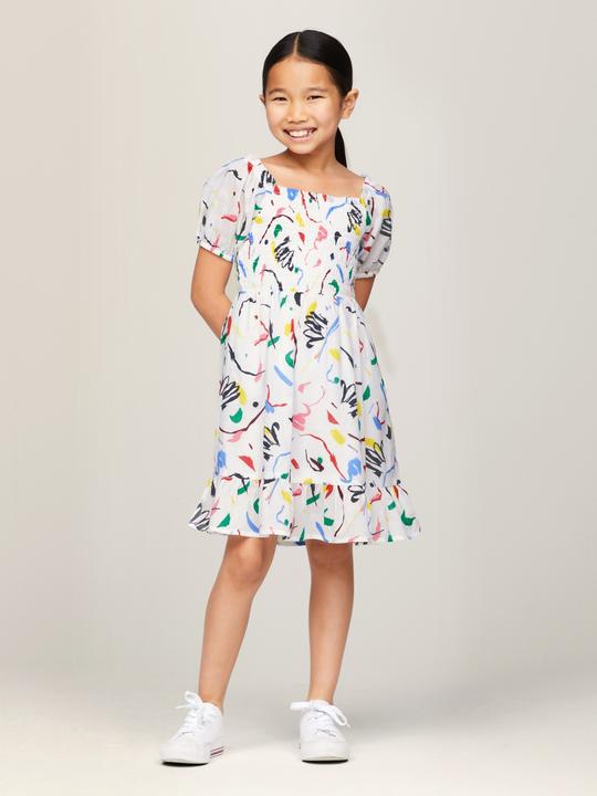 Image du produit Tommy Hilfiger ALLOVER PRINT SMOCKED DRESS Meisjes Jurk - White - Maat 12 (12)