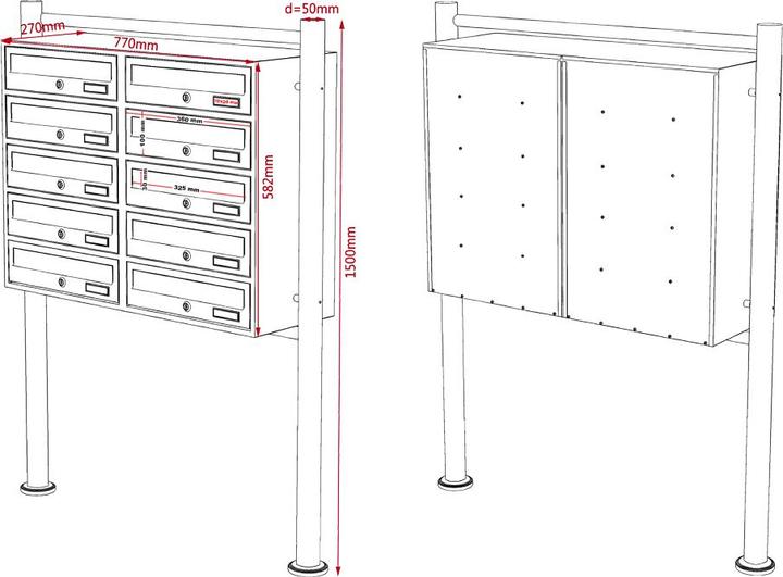 Produktbild Wiltec 10er Briefkastenanlage schwarz 2x5 Fächer Standbriefkasten Briefkasten