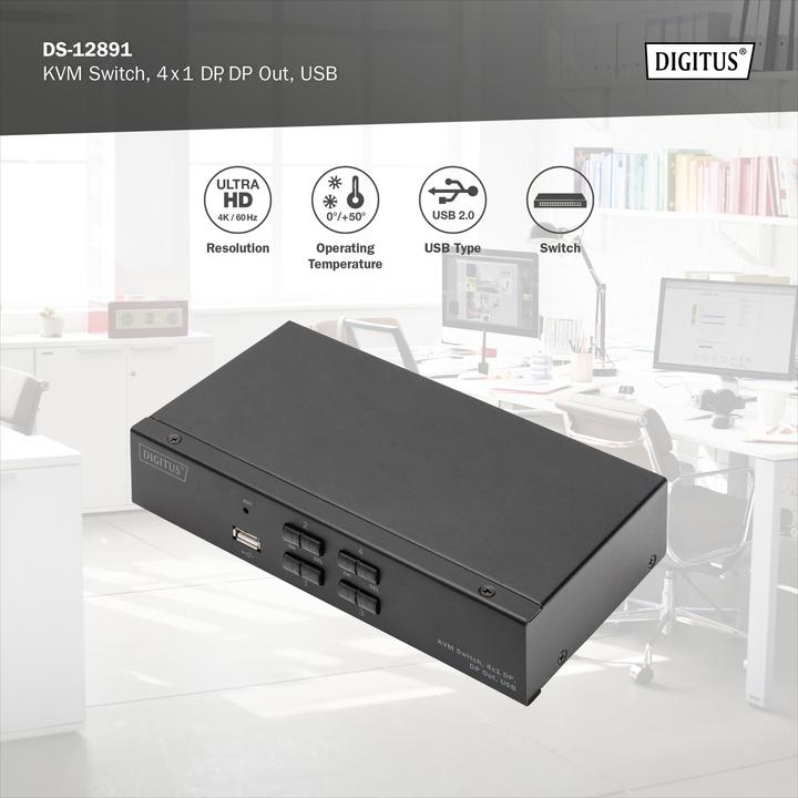 Image du produit Digitus Commutateur KVM, 4x1 (DP, DP Out, USB)