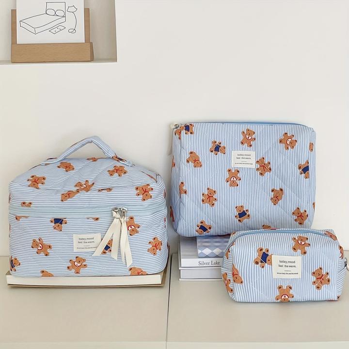 Only-Bags.Store Kuschelige gesteppte Teddybär-Kosmetiktasche - perfekt für Reise oder Schule - weiches