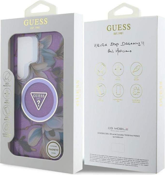 Actual product image Guess Etui Glitter Flowers Triangle Buttons MagSafe do Samsung Galaxy S25 Ultra fioletowy (Samsung Galaxy S25 Ultra)